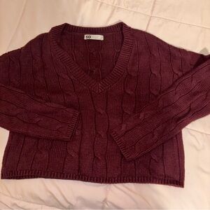 SO Women's V-Neck Cable Knit Sweater - Deep Red